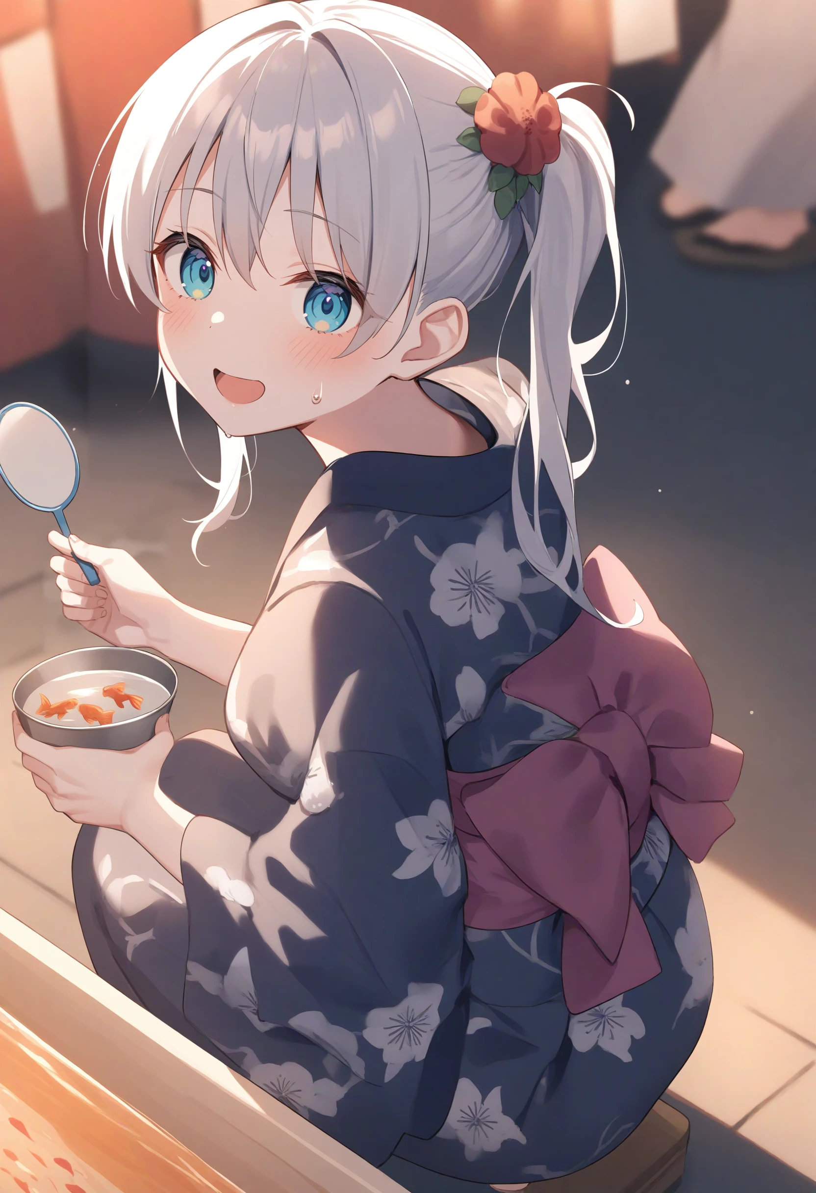 1girl,sincos, ningen mame, toosaka asagi,solo,medium breasts,20yo,
goldfish scooping,poi (goldfish scoop),holding,japanese clothes,yukata,water, <lora:goldfishscooping_XL_v1:0.8>
from behind, cinematic angle, looking up, white hair, aqua eyes,archaic smile, open mouth, side ponytail hair,,
best quality, very aesthetic, absurdres