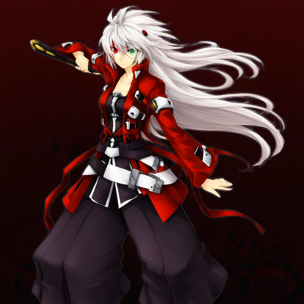 1girl, heterochromia eyes, red eye, green eye, white hair, long hair, red jacket, open jacket, chest belt, black hakama, hakama shirt, hakama pants,