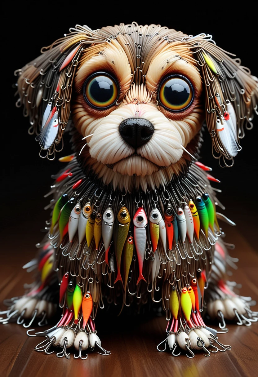 F15HLUR35, a cute dog is made of fishing lures, detailed face, (big eyes:0.9), detailed eyes, ,Masterpiece,best quality, raw photo, realistic, very aesthetic