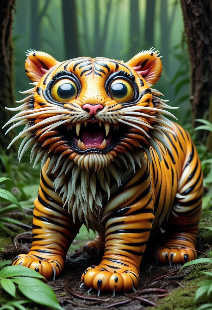 L33CH3S, a cute tiger is made of colorful leeches, big eyes,  roaring and attacking birds, set in the forest, ,Masterpiece,best quality, raw photo, realistic, very aesthetic