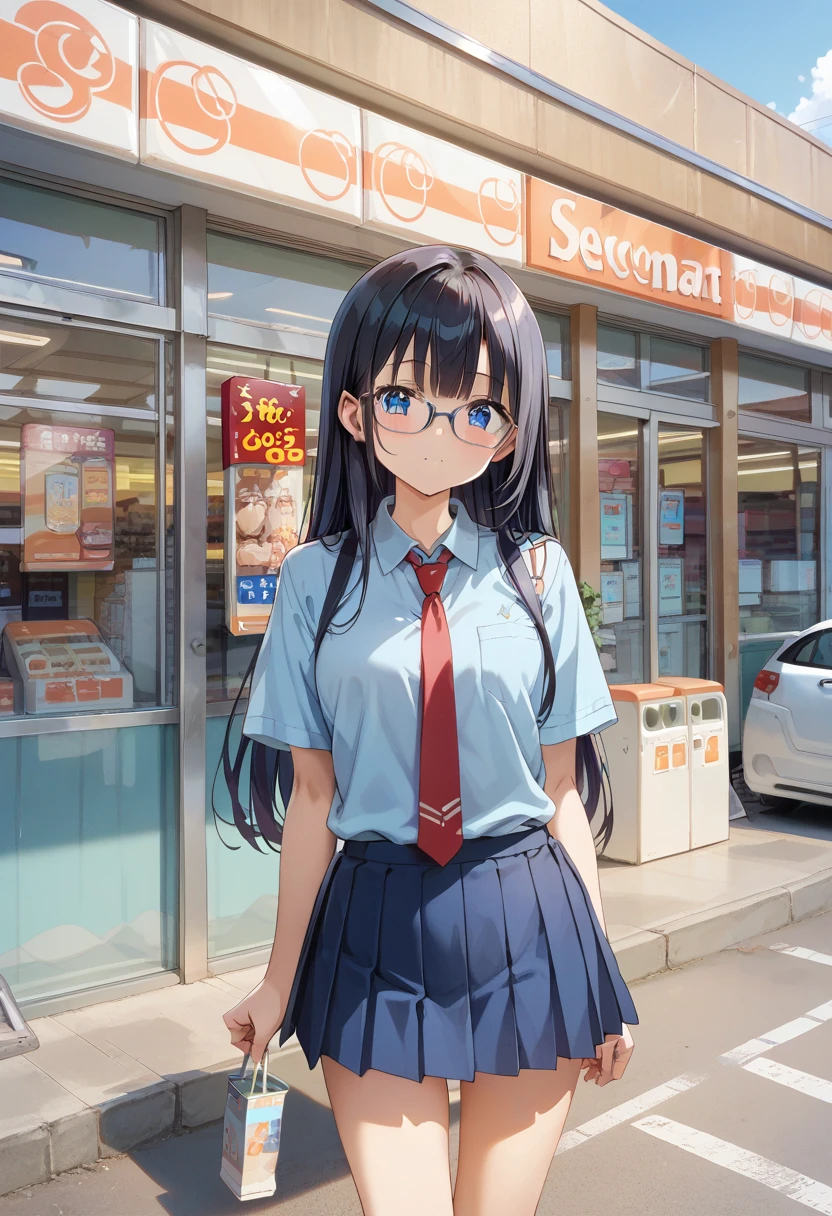 score_9, score_8_up, score_7_up, rating_safe, masterpiece, best quality, absurdres, unity 8k wallpaper, official art, official style, source_anime, uncensored, game cg, megami magazine,
1girl, solo, glasses, black hair, long hair, blue eyes, collared shirt, red necktie, pleated skirt, blue skirt, looking at viewer, blush, 
secoma, konbini, scenery, storefront, japan, scenery, shop, convenience store, road, outdoors, street, storefront, sign, shadow
 <lora:seicomart_storefront_PONY_V1:1>