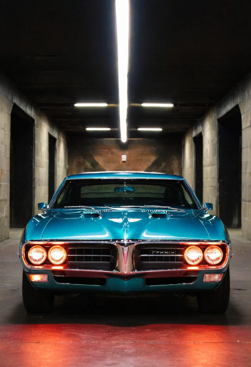 ClassicMuscleCar, gleaming Pontiac Firebird, symmetrical front view, tunnel, bright headlights, neon lights, light reflections, 4K, highly detailed, stylish grainy analog 35mm film photo