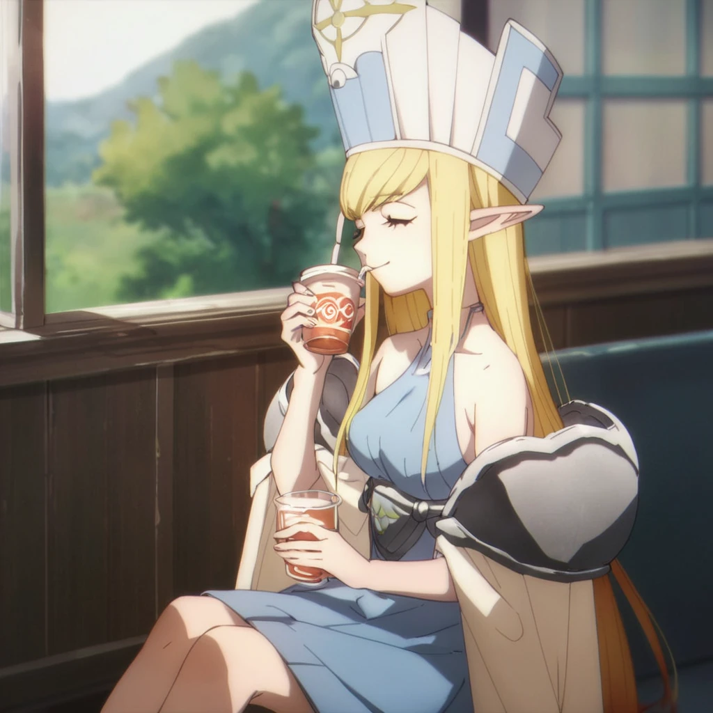 score_9, score_8_up, score_7_up, score_6_up, score_5_up, score_4_up, source_anime, , Annette, elf, blonde hair, smile, sitting, drinking tea