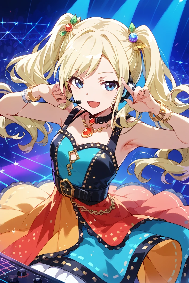 score_9, score_8_up, score_7_up, score_6_up, 1girl,
 <lora:Fumi_Yumeoji:0.9> fumi, blonde hair, long hair, twintails, solo, dress, hair ornament, bracelet, headset, smile, open mouth, jewelry, armpits, stage, blue eyes, belt, dj, neon dress,