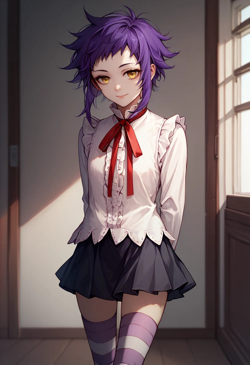 score_9, score_8_up, score_7_up, solo, 1girl, roadkamelot, smile, closed mouth, looking at viewer, standing, arms behind back, purple hair, yellow eyes, frills, white shirt, frilled shirt, neck ribbon, red ribbon, long sleeves, black skirt, striped thighhighs, indoors <lora:dgrayman_kamelot_ponyXL:1>