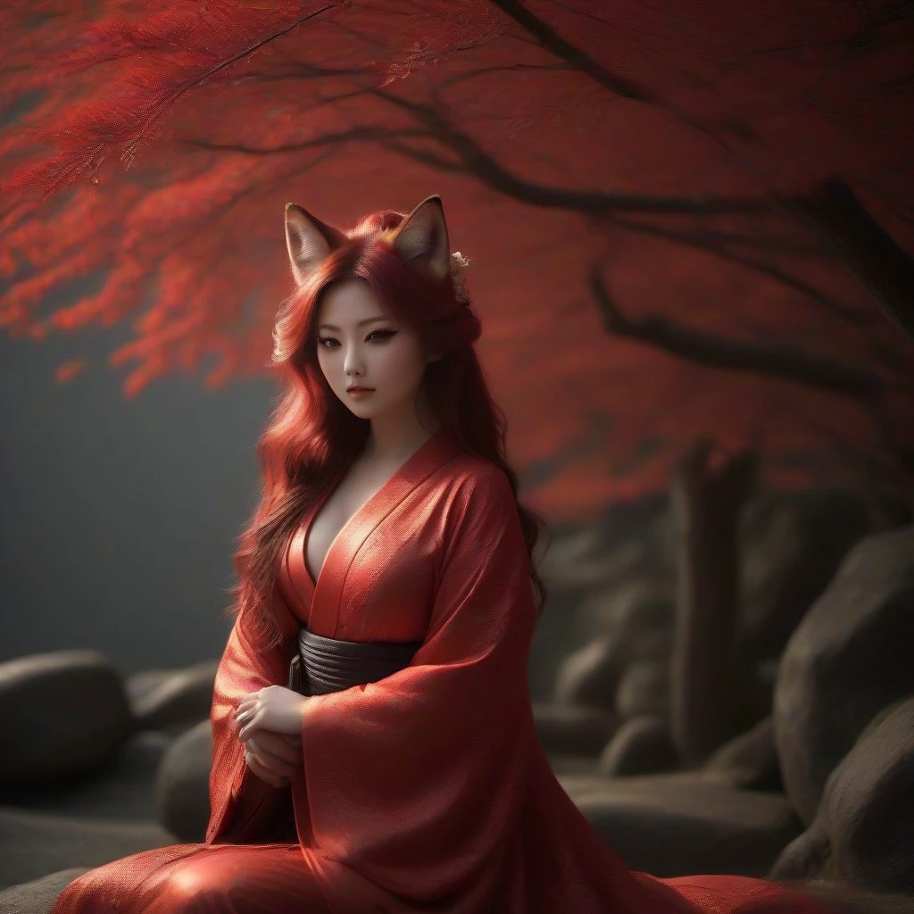 Beautiful stunning Masterpiece:2, best quality:2, hires, 8k uhd, ultra detailed:2, canon ef 40mm focus,  ultra sharp focus, beautiful Kitsune, random pose, fox ears, Nude:1, stunning beauty, expressive captivating eyes, seductive expression, large natural breasts, Trim pussy, long voluminous hair,, shiny skin, Japanese mountain shrine scenery, rays of light, natural lighting , Intricately detailed bedroom, red color palette