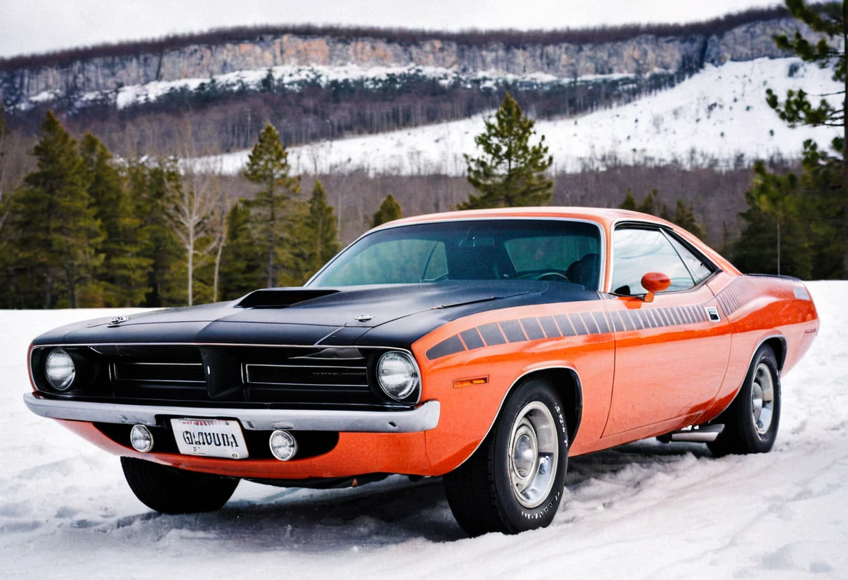 ClassicMuscleCar, gleaming Plymouth, Barracuda, side view, snowy mountains landscape, pine trees, 4K, highly detailed, (stylish grainy analog 35mm film photo)