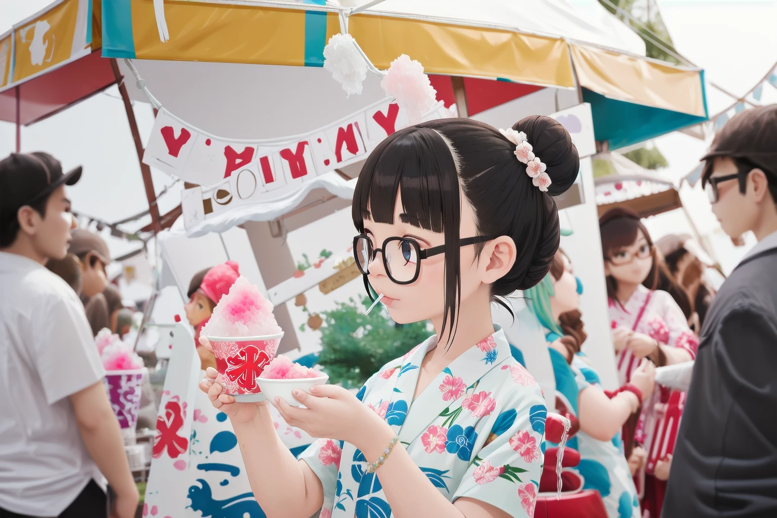 masterpiece, best quality, very aesthetic, absurdres,
1girl, solo, glasses, black hair, short hair, hair bun, hair ornament, yukata, floral print, 
holding spoon, holding, holding food, kakikoori_red, shaved ice, cup, food, spoon, outdoors, yatai, blurry background, 
<lora:kakikoori_SD15_V2:1>