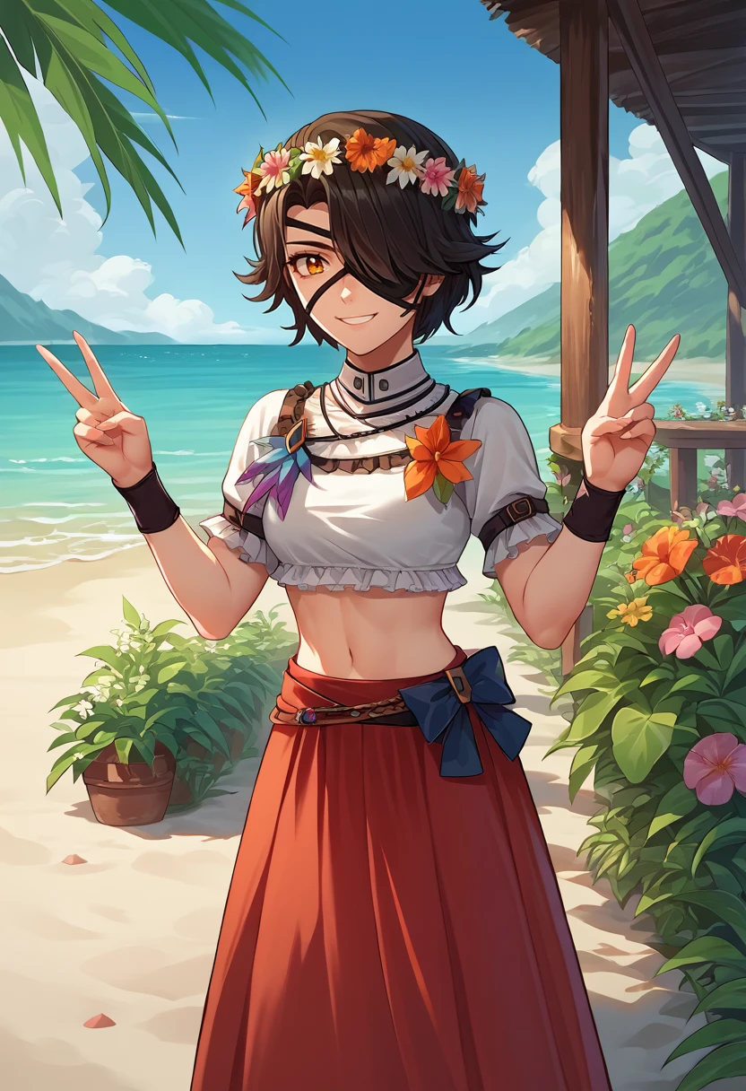 score_9, score_8_up, score_7_up, source_anime, solo, 1girl, cinderatlas, smile, looking at viewer, standing, double v, short hair, hair over one eye, eyepatch, frills, crop top, long skirt, flower wreath, flower necklace, flower bracelet, outdoors, beach <lora:rwby_cinderfall_ponyXL-ATLAS-000008:1>