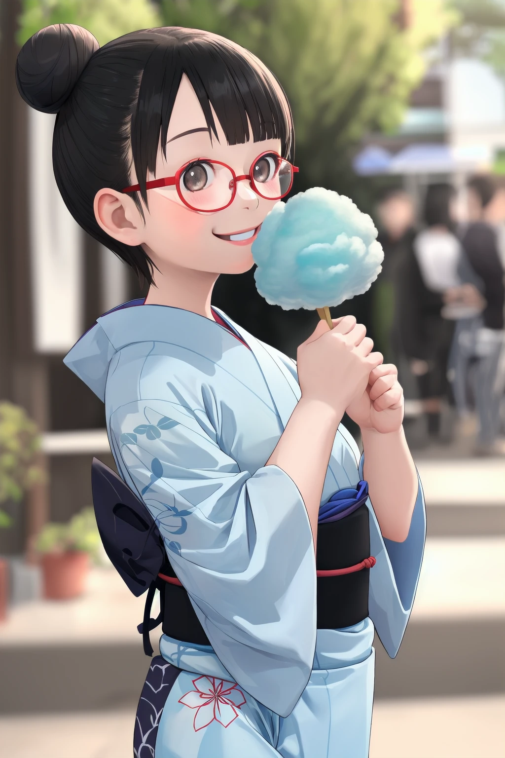 masterpiece, best quality, very aesthetic, absurdres, glasses,
1girl, solo, glasses, black hair, short hair, hair bun, yukata, happy, smile, holding, holding food, upper body, 
holding, holding food, food, cotton candy, outdoors, depth of field, blurry background,
 <lora:wataame_SD15_V1:0.6>