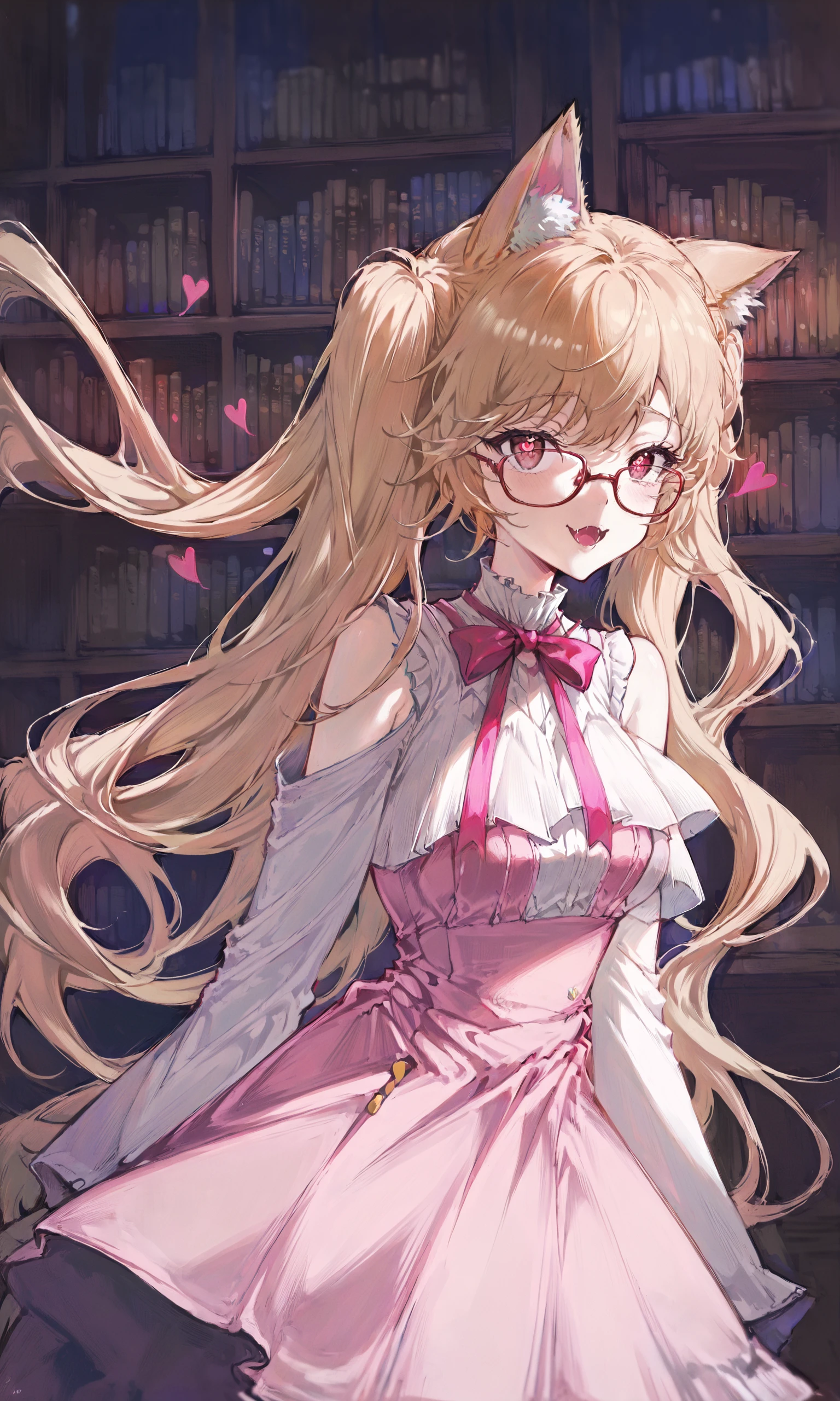 masterpiece,best quality,ultra-detailed,very aesthetic,absurdres,1girl,solo,cat mouth,cat mouth,cat mouth,cat smile,heart-shaped pupils,glasses,very long hair,blonde hair,cat_ears,pink_dress,library,