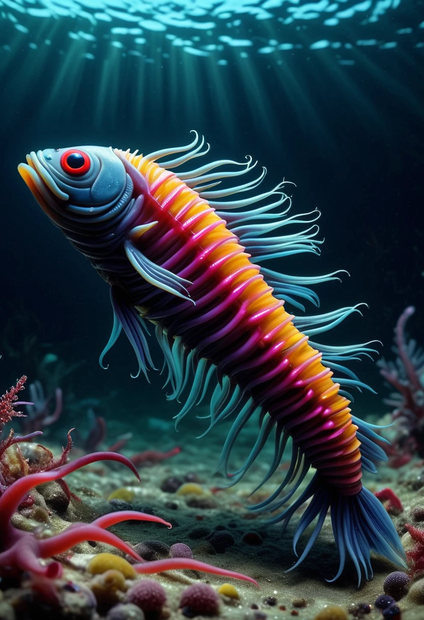 L33CH3S, a fish made of colorful leeches,  swimming in the ocean, set in the ocean, with diverse marine life, glowing flora, serene ambiance, magical light, ,Masterpiece,best quality, raw photo, realistic, very aesthetic