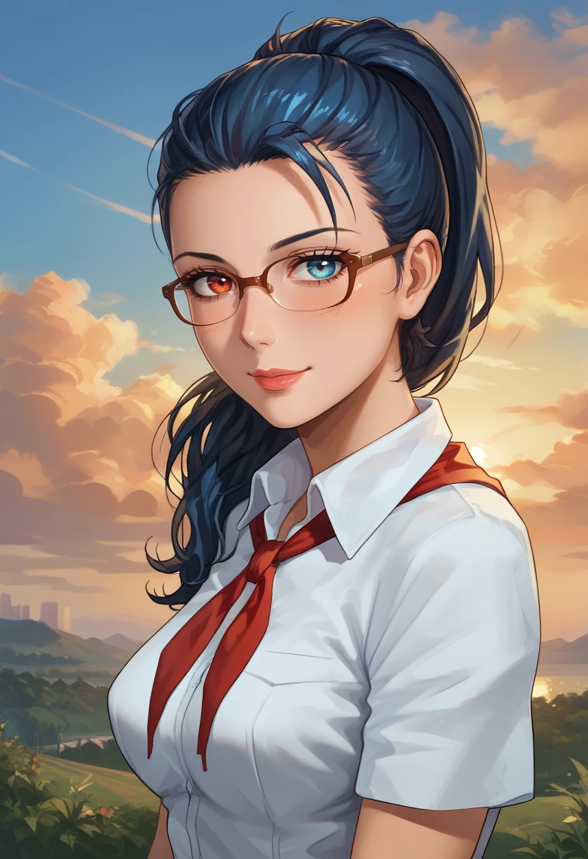 score_9, score_8_up, score_7_up,
best quality, masterpiece, ultra detailed,
<lora:Expressive_H:1>, 28 years old, mature, light smile, blush, 
nose, lips, glasses
looking at viewer, portrait, from side, 
<lora:Everlasting_Summer_Viola:0.7>, viola, ponytail hair, heterochromia eyes, left eye red, blue eye blue, blue eyes, heterochromia, ponytail, red eyes, black hair, blue hair, medium breasts, milf woman solo, 
white collared shirt, short sleeves, red neckerchief, neckerchief,
outdoors, sunset, clouds, sky,
amazing background, 
<lora:Everlasting_Summer_Vanilla_Art_Style_by_GraffMetal:1>,