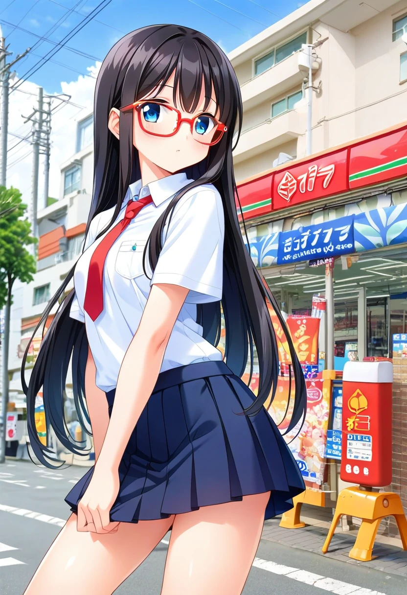 score_9, score_8_up, score_7_up, rating_safe, masterpiece, best quality, absurdres, unity 8k wallpaper, official art, official style, source_anime, uncensored, game cg, megami magazine,
1girl, solo, glasses, black hair, long hair, blue eyes, collared shirt, red necktie, pleated skirt, blue skirt, looking at viewer, blush, 
popura, konbini, scenery, storefront, japan, scenery, outdoors, power lines, utility pole, street, car, convenience store, building, shop, sky, tree, sign, lamppost
<lora:popura_storefront_PONY_V1:1>