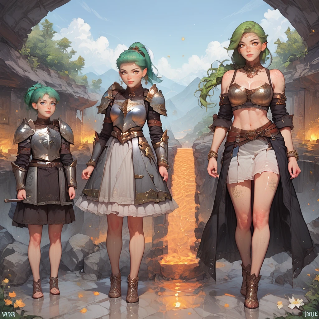 (score_9,score_8_up,score_7_up), electric green hair,, bubble ponytail ,(all the girls wearing black plate armor,scales:1.7)  , (all the girls are demon:1.4),  ((always 3 girls)),
BREAK
(detailed background:1.3),
BREAK
<lora:Age_difference_Lascalae_r1:1>, 4ge_pr0gress1on_lascalae, age difference, triptych, 3 girls, multiple view, clothed, sfw,
<lora:backgroundsetXL:0.7>, inside a fire mountain, lava, rock,