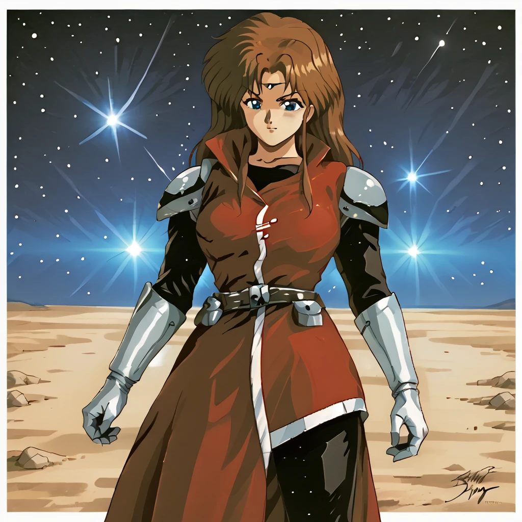 woman standing,  Alys Brangwin, dynamic shot, curvy, solo, 1girl, brown hair, blue eyes, armor, illustration, 1990s style, retro, space background, <lora:Alys_Brangwin-000007:1>