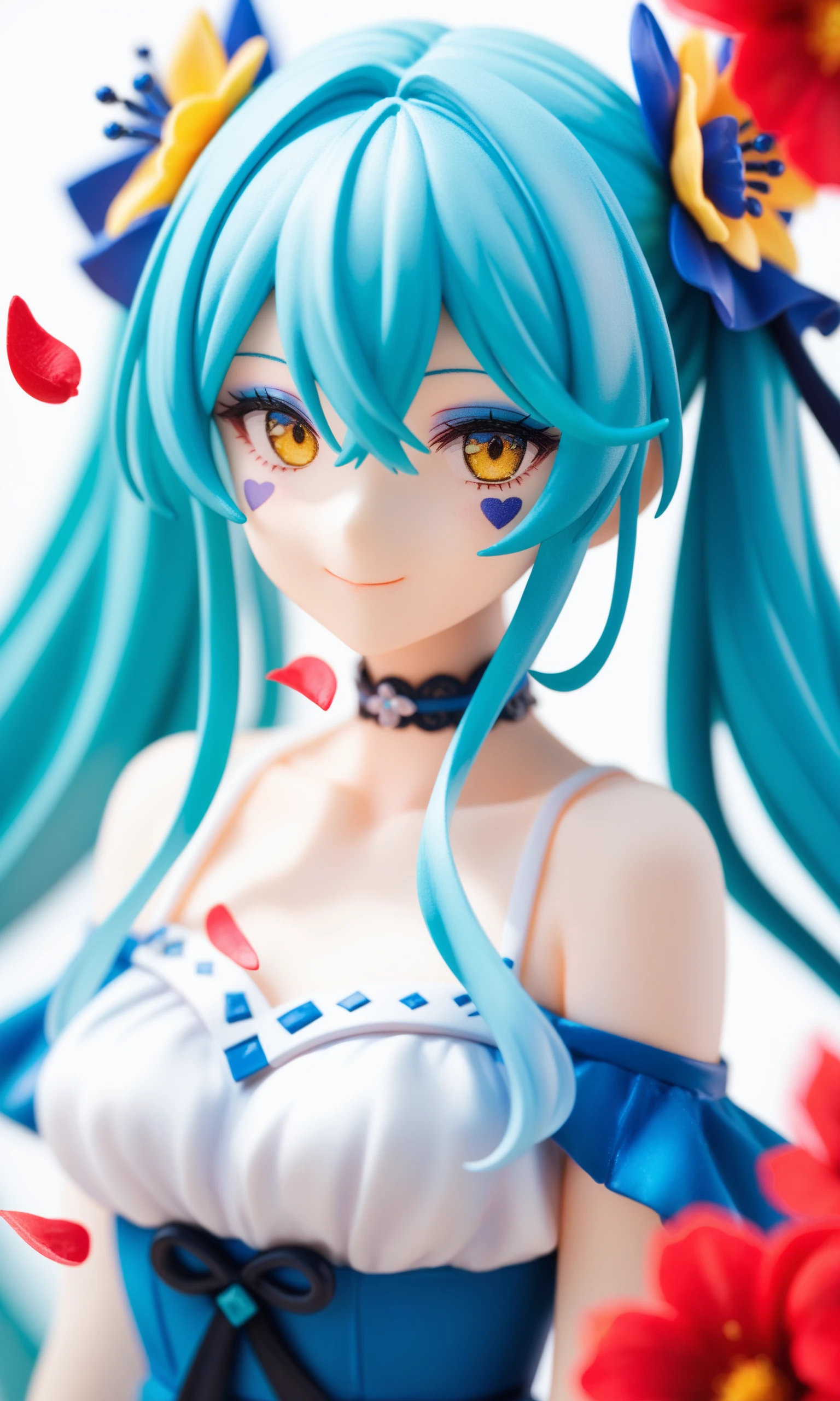 score_9,score_8_up,score_7_up,source_anime,
1girl, solo, yellow eyes, looking at viewer, bare shoulders, long hair, petals, hair ornament, collarbone, makeup, blue hair, facial mark, closed mouth, multicolored hair, upper body, white background, choker, hair between eyes, aqua hair, smile, eyeshadow, twintails, flower, dress, blurry