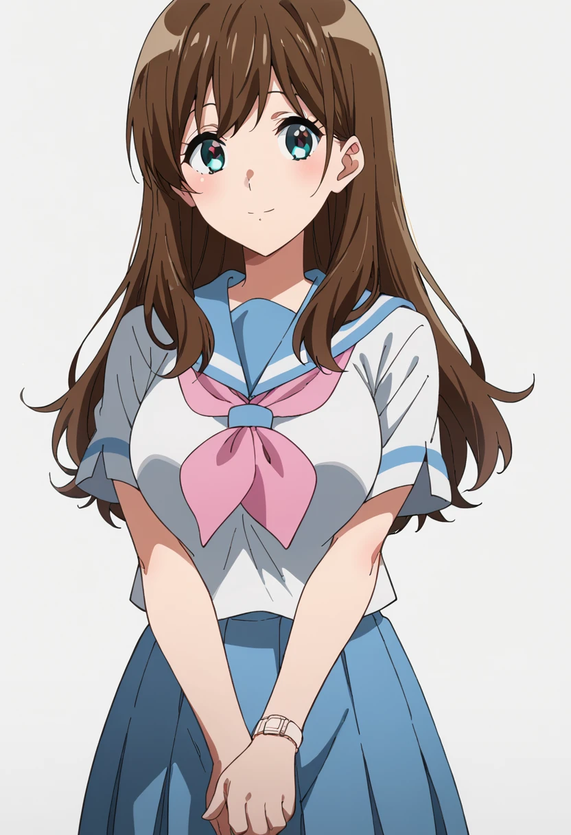 score_9, score_8_up, score_7_up, source_anime, rating_safe <lora:k_mayu_PONY-100007:1> k_mayu, anime coloring, 1girl, long hair, brown hair, blue eyes,light smile, blush, pink neckerchief, blue sailor collar, kitauji high school uniform, short sleeves, pleated skirt, blue skirt, wristwatch, watch, v arms, black pantyhose, large breasts, looking at viewer, cowboy shot, standing, white background,