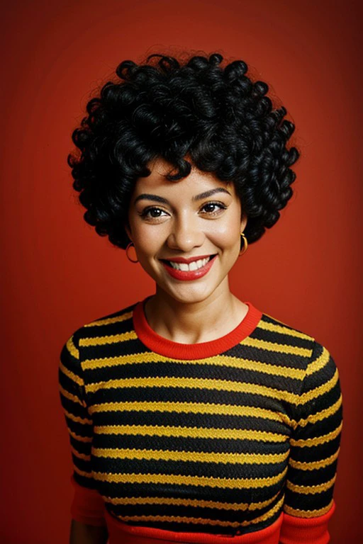 4K, Masterpiece, highres, absurdres, smiling,beautiful Foxy70, a woman in a red, yellow, and black striped disco dress and red headband ,wearing afro black hair