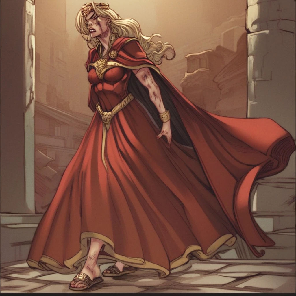 score_9, score_8_up, score_7_up, score_6_up, Cersei-Lannister, GoT-GraphicNovel, 1girl, long hair, breasts, blonde hair, dress, jewelry, medium breasts, comic, earrings, teeth, cape, armor, lips, scar, sandals, red dress, crown, injury, dirty, ankle lace-up, sensitive