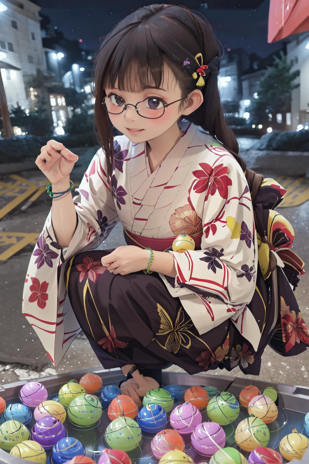masterpiece, best quality, very aesthetic, absurdres,
mizufusen, 1girl, glasses, black hair, yukata, bracelet, long sleeves, floral print, water balloon fishing, night, squatting, outdoors,
<lora:mizufusen_SD15_V1:1>