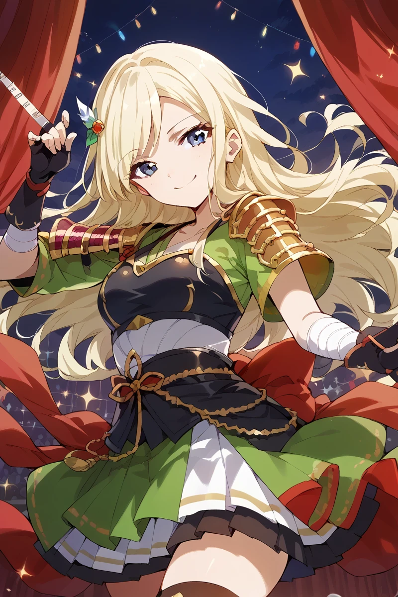 score_9, score_8_up, score_7_up, score_6_up, 1girl,
 <lora:Fumi_Yumeoji:0.9> fumi, blonde hair, long hair, gloves, hair ornament, fingerless gloves, thighhighs, smile, black gloves, blue eyes, armor, looking at viewer, skirt, stage outfit, color lights, red curtain, green top,