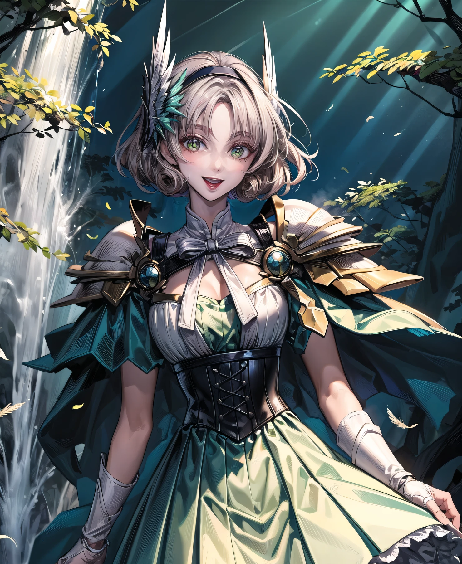 (Masterpiece, best quality:1.4), (insaneres), 8k, 2d, fuu_hououj1, 1girl, green eyes, brown hair, short hair, curly hair, sleeveless, shoulder armor, armor, pauldrons, (wing hair ornament, armored dress, pinafore dress, underbust:1.3), elbow gloves, floating cape, wind, wind lift, watson cross, hairband, smile, feet out of frame, (perfect female figure:1.3), volumetric lighting, nature, forest, sky<lora:EMS-91280-EMS:0.400000>, <lora:EMS-437862-EMS:1.200000>, <lora:EMS-3262-EMS:0.600000>