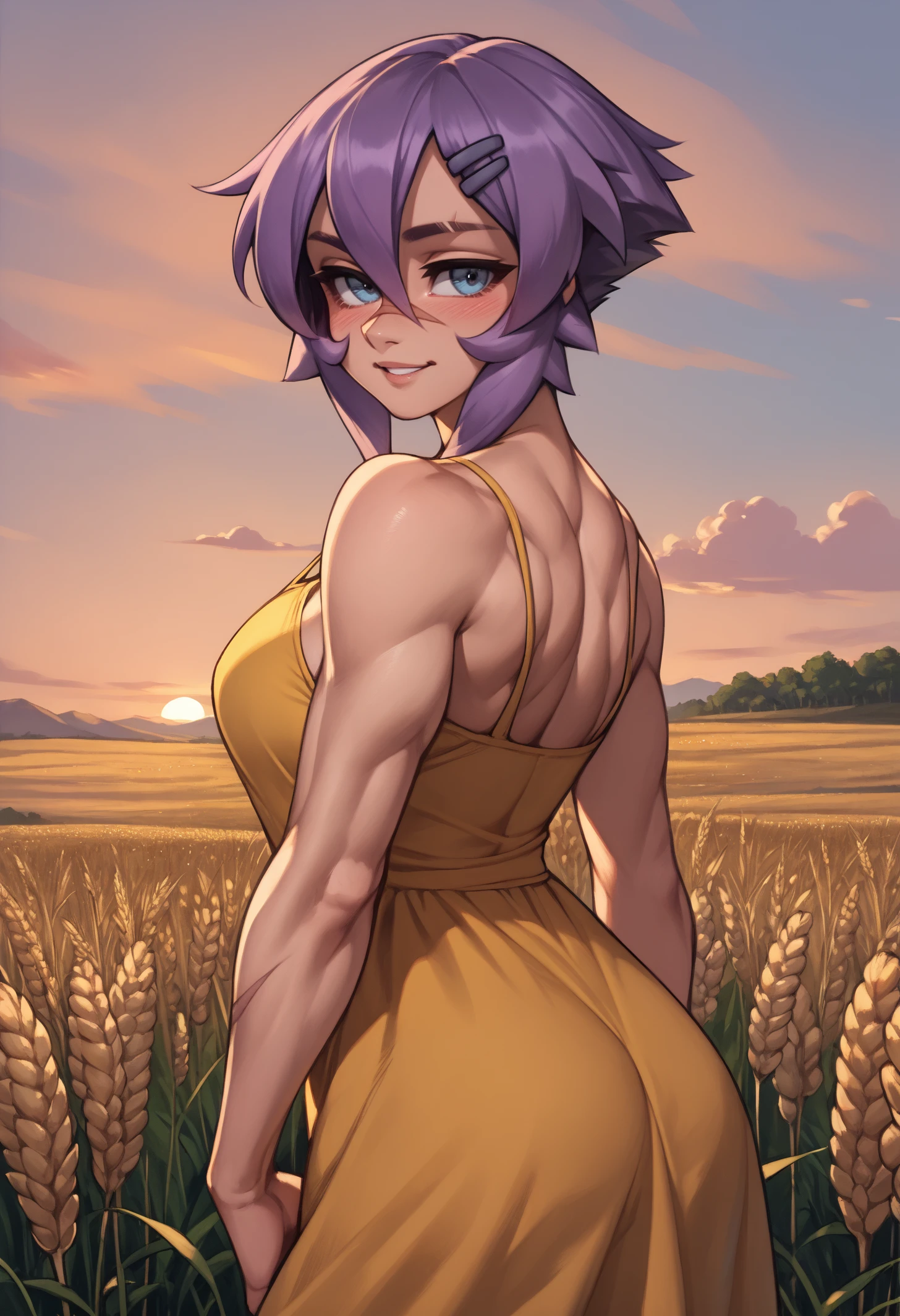 score_9, score_8_up, score_7_up, 1girl, mayanew, blue eyes, purple hair, short hair, hairclip, nose scar, eyebrow cut, large breasts, toned,
yellow sundress,
looking at viewer, smile, blush, parted lips, looking back, back,
outdoors, wheat field, sunset,
<lora:Maya-NewStyle-Roadi3PDXL_V1-Manityro-CAME:1.0>,