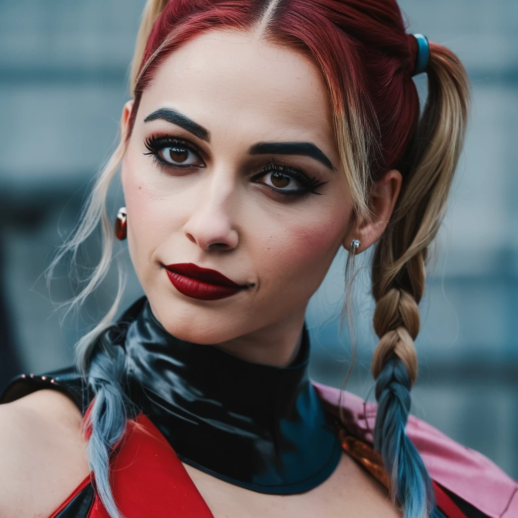 High res closeup portrait photo of an actress dressed as Harley Quinn, f /2.8, Canon, 85mm,cinematic, high quality, skin texture, looking at the camera,  naxsctt,  <lora:naoscott_juggerX_xl_1_wocap-naxsctt-000080:1>