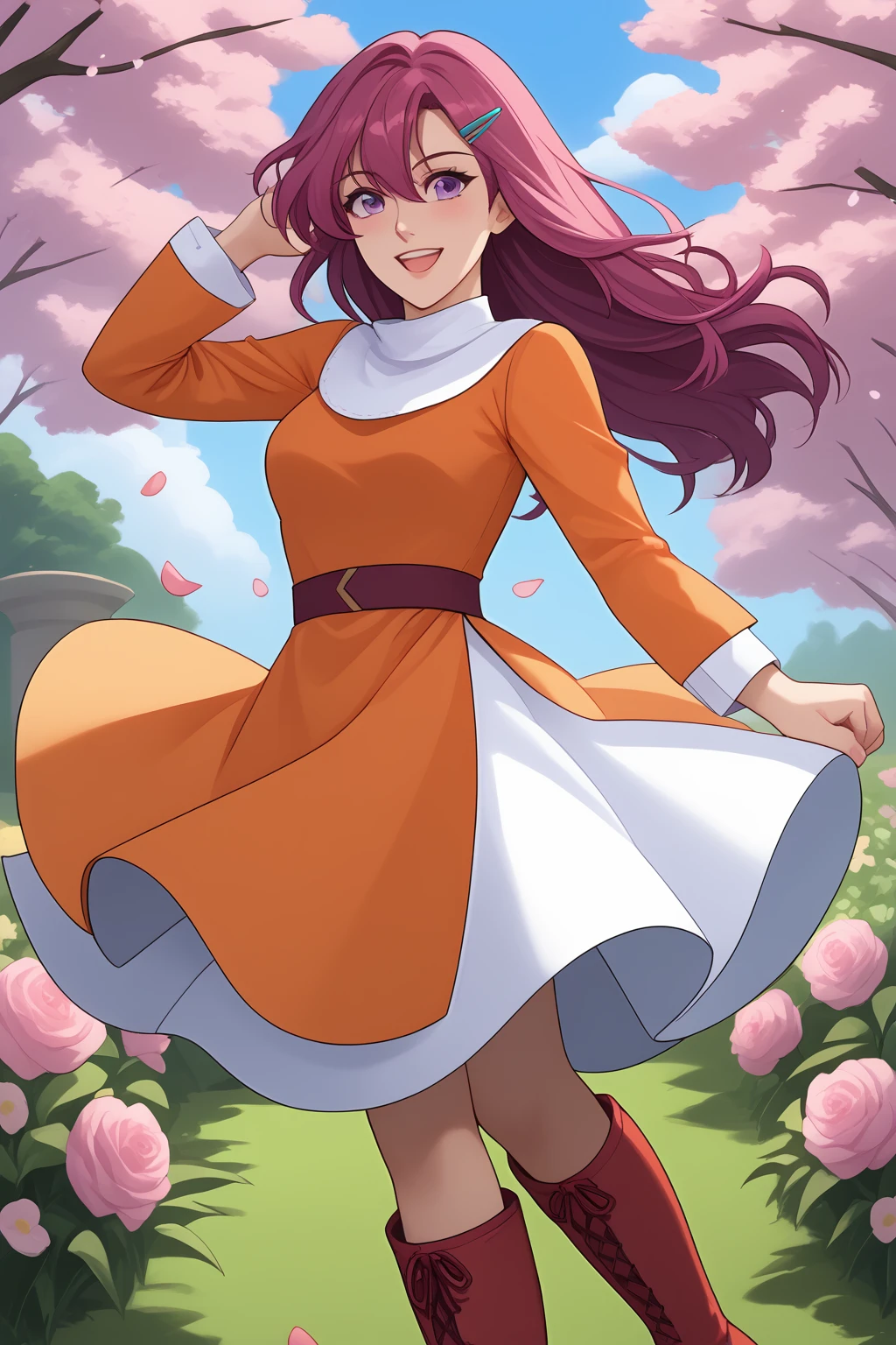 Carla, Magenta Hair, Purple Eyes, orange dress, leaf-like hairclip, white skirt, red boots,
(nsfw), (uncensored), (score_9), score_8_up, score_7_up, source_anime, cowboy shot, dynamic pose, 1 Female, solo, Happy, Smile, Parted Lips, blush, ashamed, shy, sexy, charming, alluring, seductive, enchanting, erotic,
((outdoors)), ((flower garden)), ((flowers)), ((many flowers)), spring petals, petals of flowers, spring, falling petals, flying butterflies<lora:EMS-423241-EMS:0.800000>