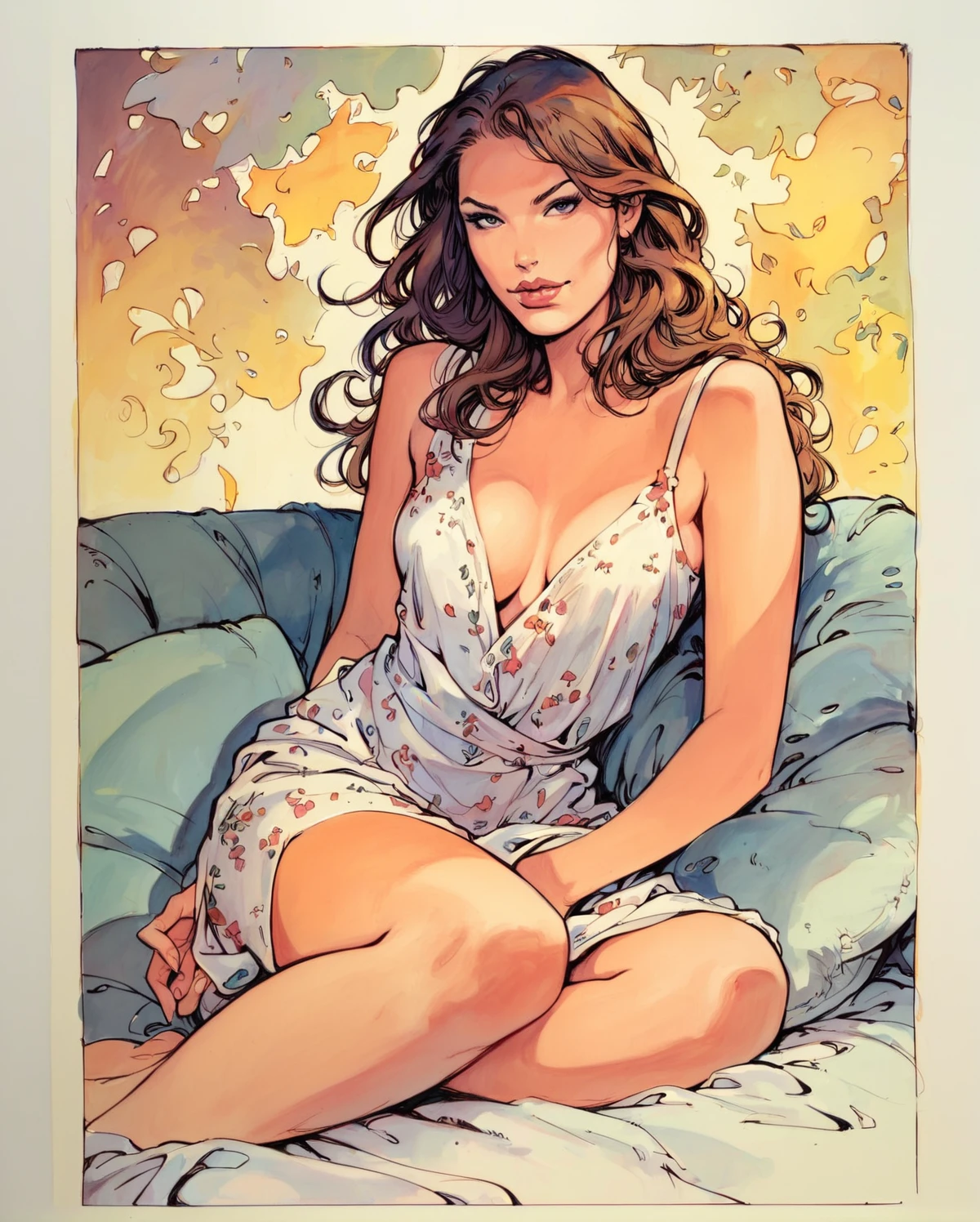 manara, traditional media, 1girl, long hair, sitting on the sofa, in sexy pose, wearing sexy summer dress <lora:_SELF_fallen_ai_PONY_MILO_MANARA_style:1>, zPDXL, score_8_up, score_7_up, score_6_up, score_9, illustration