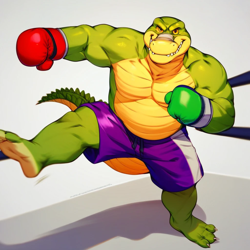 score_9, score_8_up, score_7_up, score_6_up, score_5_up, score_4_up, brok, alligator, green skin, yellow scaly belly, chubby, bandage, boxing gloves, shirtless, purple shorts, boxing ring, action pose, smiling, looking at viewer