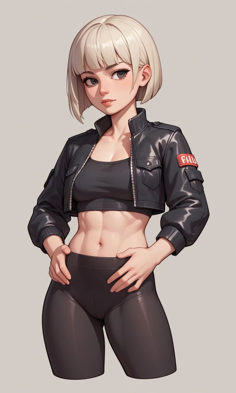 score_9, score_8_up, score_7_up, score_6_up, score_5_up, score_4_up, source_cartoon, BREAK, 1lady,solo,leggings,cropped top,jacket,platinum blonde,bob cut,cowboy shot,black eyes,a hovering text '?',