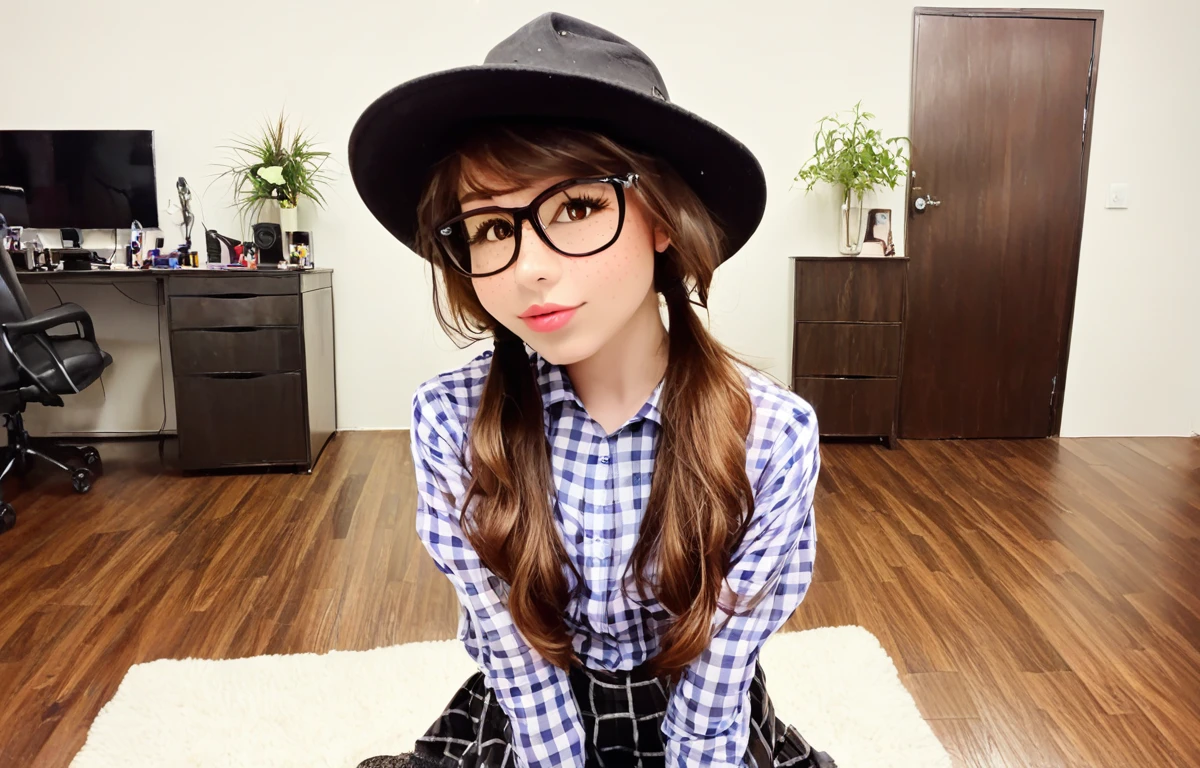 real life, cinematic:1.5), detailed eyes, beautiful, apartment room, wood floor, carpet, ,kiwisunsetlora, 1 female, female focus, glasses, brown eyes, looking at viewer, hat, white long sleave shirt,  parted lips, black-framed eyewear, twin tails, black, freckles, checkered black skirt, detailed eyes, detailed face,  realistic, high quality, photorealistic, hyperrealistic, ultradetailed, professional photography, <lora:kiwisunset_lora_test:1>