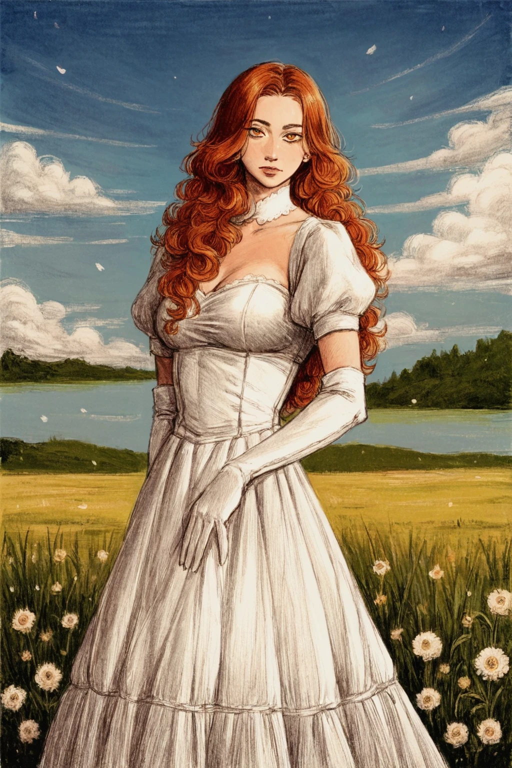 score_9, score_8_up, score_7_up, rating_safe, painterly, faux traditional media, realistic, 1girl, solo, long hair, curly hair, wavy hair, orange hair, orange eyes, looking at viewer, breasts, dress, white dress, puffy sleeves, puffy short sleeves, short sleeves, gloves, elbow gloves, white gloves, cowboy shot, closed mouth, standing, outdoors, field, flower, grass, plant, sky,p65fn <lora:ruffct:1>