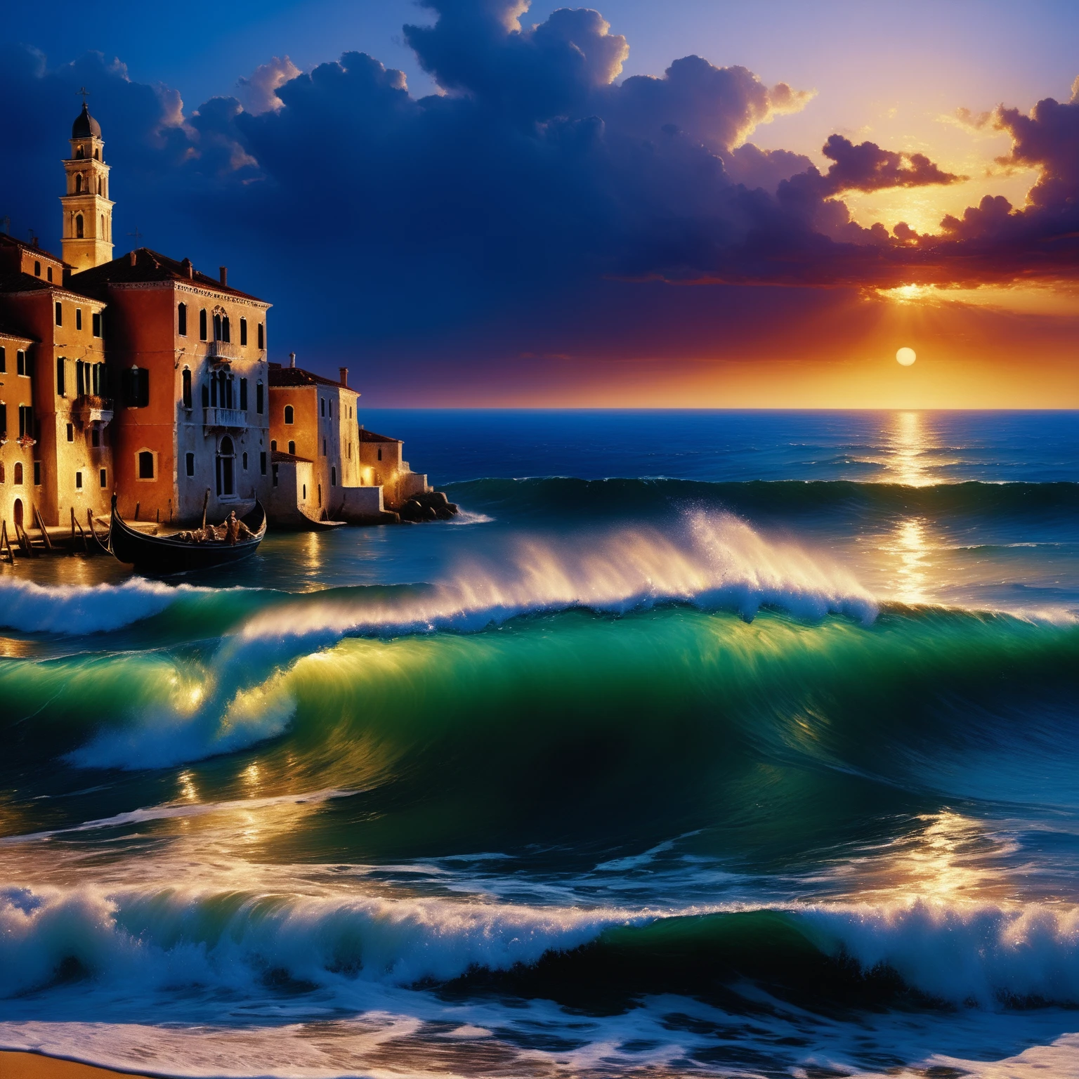 Jed-FanSea, <lora:FantasySeascapes:1>, (by Ettore Tito:1.0) , painting, Obscene "The Liquid of seascape", Romantic realism, Venetian scenes, luminous, photo, painterly, stunning detail, beautiful detailed supreme quality color intricate, very inspirational, lush, beautiful elegant, warm light