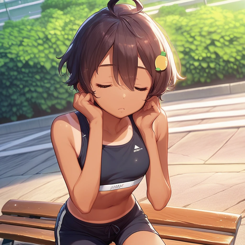 Solo, 1girl, female, young, yakishio remon, brown hair, short hair, ahoge, bangs, hair between eyes, hair ornament, food-themed hair ornament, closed eyes, small breast, dark skin, dark-skinned female, tan, tanlines, cute face, detailed eyes, slender body,  perfect anatomy, detailed skin, detailed eyes, detailed lips, perfect hands, perfect face, tired, relaxing, sweated body, BREAK black sports bra, bare shoulders, midriff, black sport shorts, BREAK seated on bench, legs open, outdoors, park, colorful, day, looking at viewer, dutch angle, BREAK ((ultra-detailed)), ((best quality)), ((best quality)), ((beautiful eyes)), ((extremely detailed)), 4K, (8K), best quality, (beautiful), Master piece, highres, score_9, score_8_up, score_7_up, score_6_up, score_5_up, score_4_up, colorful, best quality, official art, highres, masterpiece, nai3, god light, detailed background, high quality background,