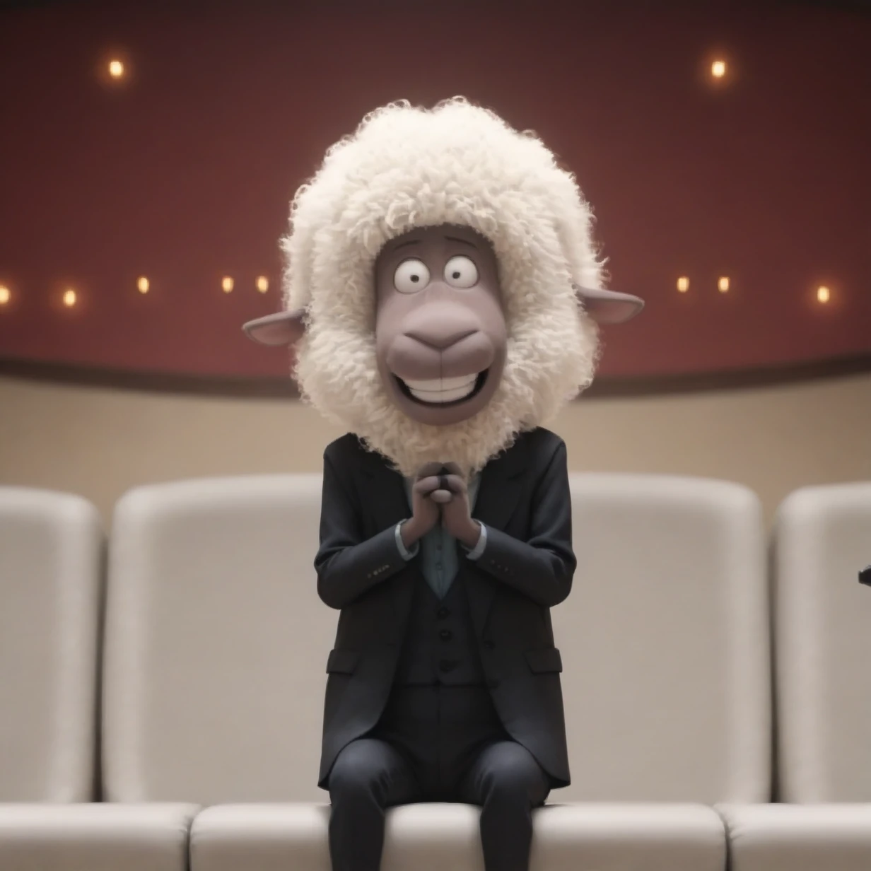 score_4_up, Eddie, anime, sheep, solo, empty theater, theater, auditorium, wide shot, sitting, clapping:1.2, hands together, smile, gritting teeth, teeth, black suit, full body