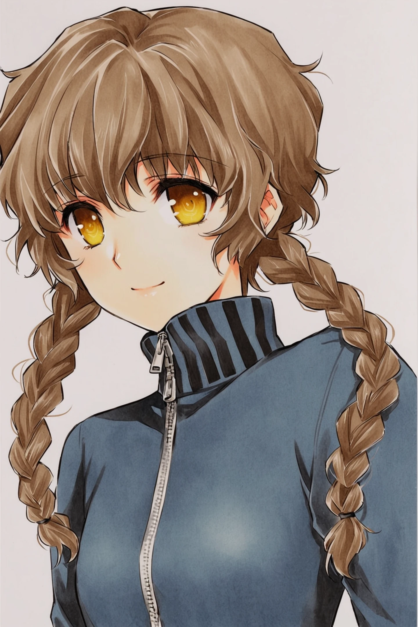 Amane Suzuha,1girl,solo,braid,twin braids,brown hair,yellow eyes,jacket,track jacket,smile,long hair,upper body,simple background,white background,zipper,traditional media,
<lora:huke_XL:0.8>,