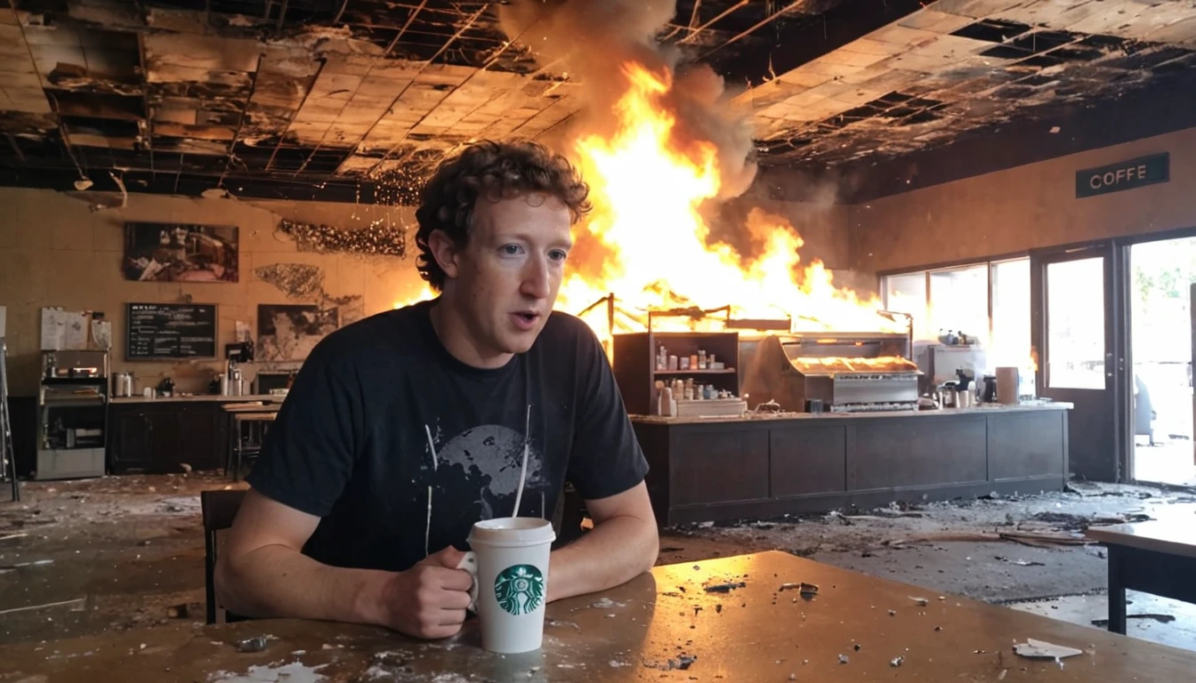 <lora:Mark Zuckerberg -Current day- Trigger is mzbrg person:1> mzbrg person drinking coffee inside an (abandoned:1.5) starbucks coffee shop.  the old counter is on fire, explosion artstyle.  <lora:Explosion Artstyle - Trigger is Explosion Artstyle:.5>