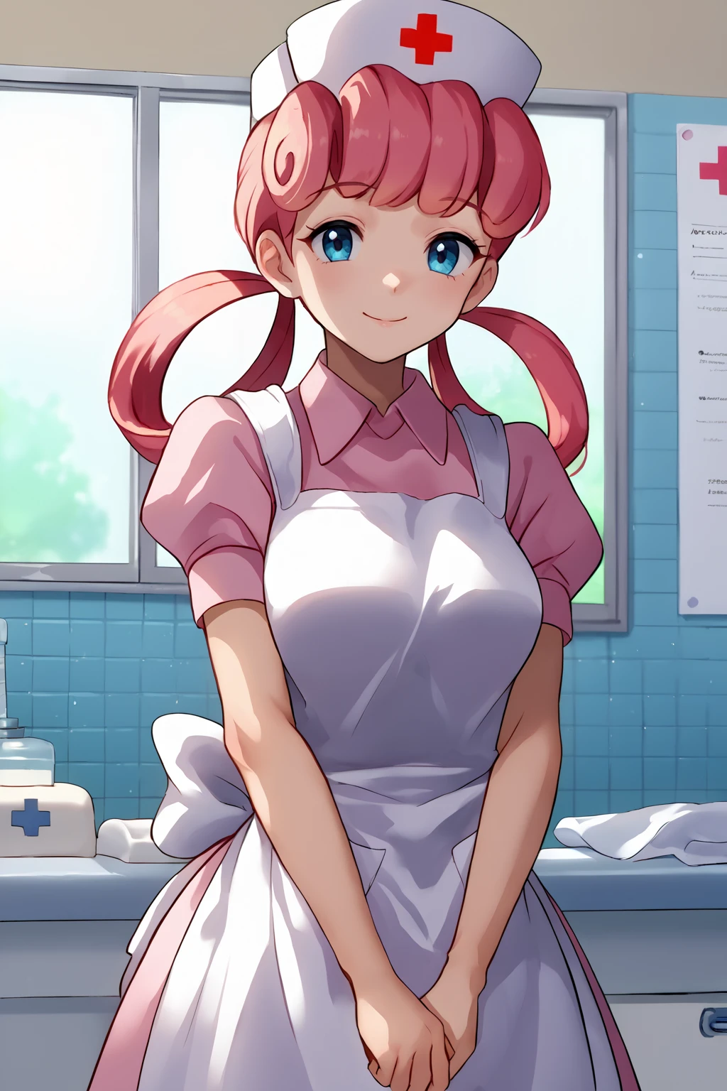 score_9, score_7_up, source_anime, cowboy shot, looking at viewer, smile, njpk, medium breasts, pink hair, hair rings, bangs, nurse cap, pink collared dress, puffy short sleeves, white apron, white footwear, v arms, indoors, hospital, counter, tile wall, <lora:Hoseki_Pokemon_NurseJoy_PDXL_v1:1>