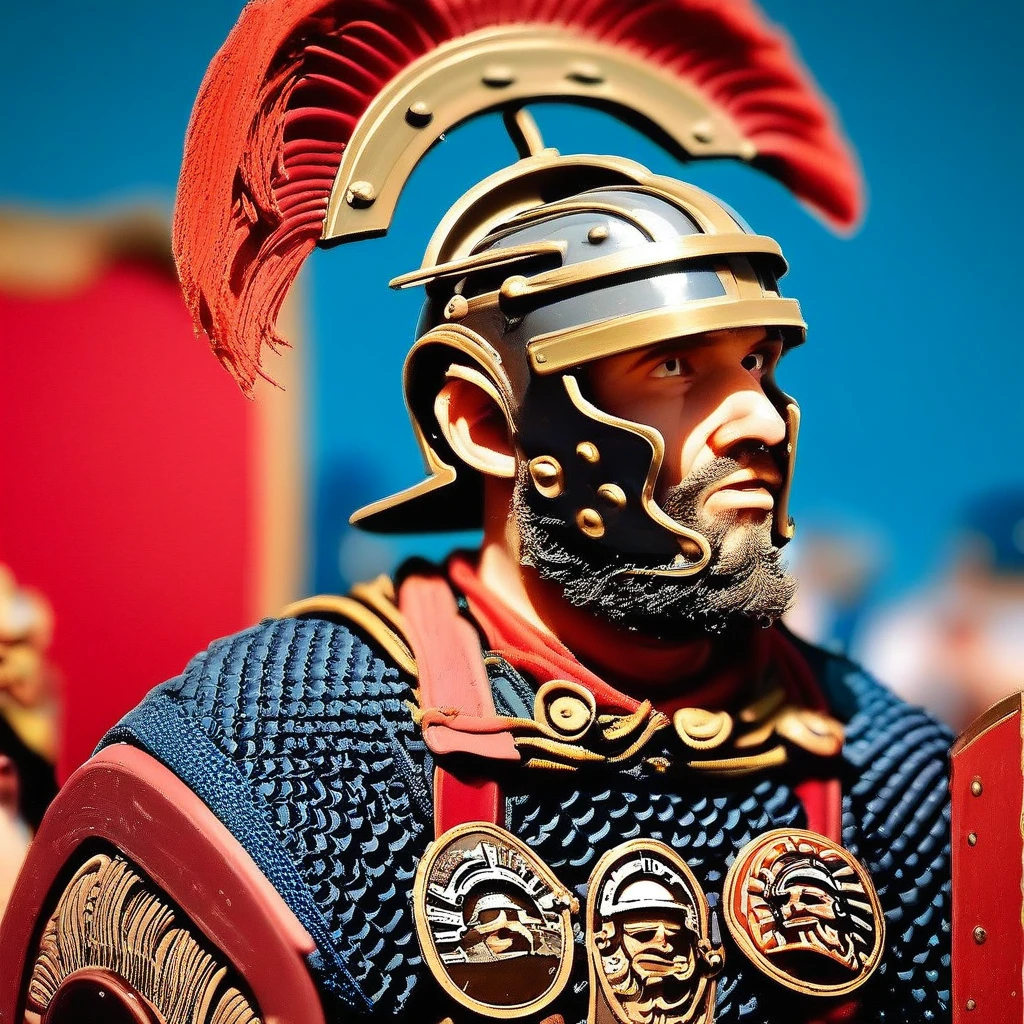 blue background, shield, beard, solo focus, blurry background, centurio, facial hair, multiple boys, 1boy, helmet