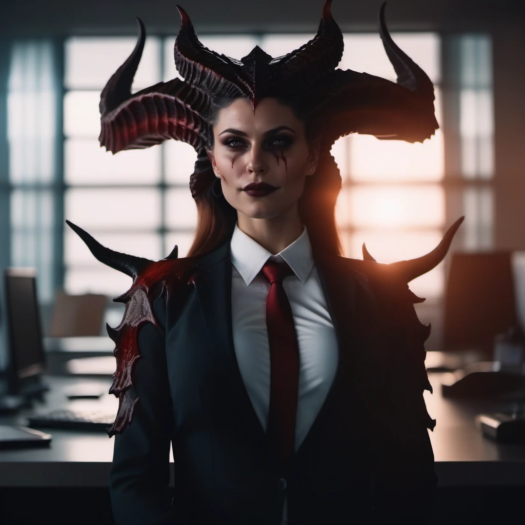 cinematic photo full body portrait of  an1girl, smile, breast, demon horns, demon wings, blood, suit, office <lora:Diablo4-1024:0.7> . 35mm photograph, film, bokeh, professional, 4k, highly detailed