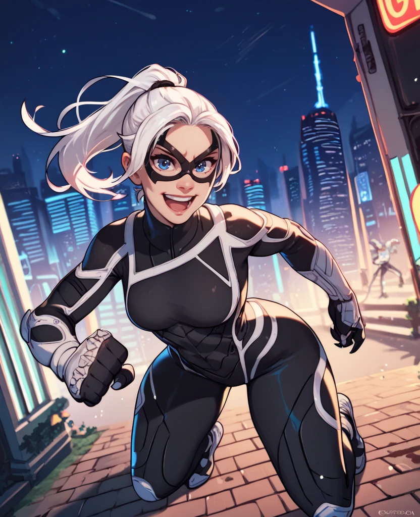 score_9,score_8_up,score_7_up,score_6_up,blckctXL,white hair,ponytail,blue eyes,black  bodysuit,domino mask,looking at viewer,
gloves,open mouth,smile,fighting stance,
night,city,<lora:BlackcatXL_r1:0.8>,