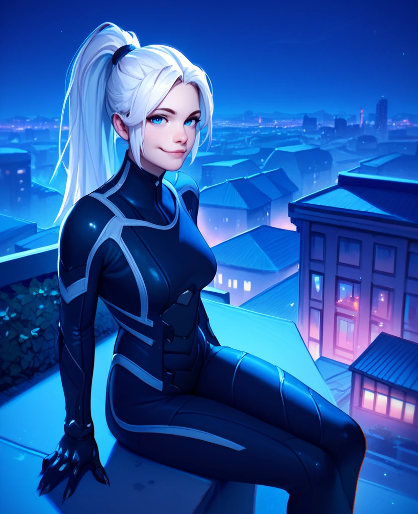 score_9,score_8_up,score_7_up,score_6_up,blckctXL,white hair,ponytail,blue eyes,black  bodysuit,looking at viewer,
gloves,sitting,smug,
night,city,rooftop,
<lora:BlackcatXL_r1:0.8>,