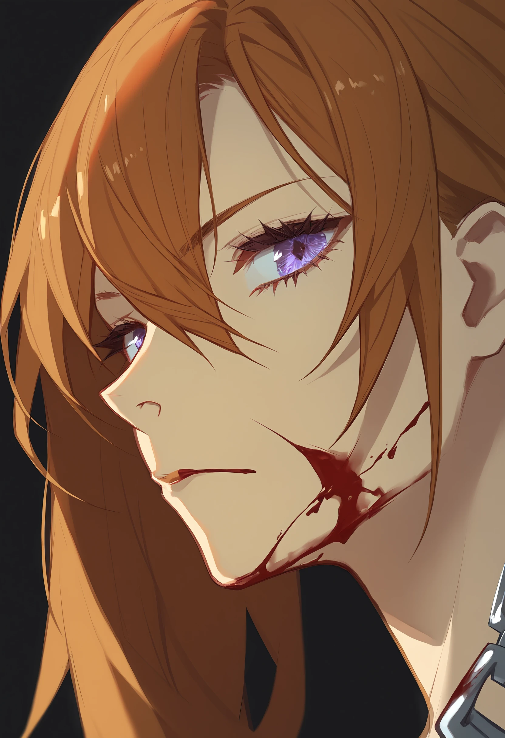 <lora:ask_(askzy):1>1girl, solo, blood, blood on face, portrait, blue eyes, looking at viewer, eyelashes, closed mouth, bangs, brown hair, long hair, hair between eyes, purple eyes, lips, from side, profile, orange hair, sideways glance, chain, simple background, expressionless, black background, serious, looking to the side