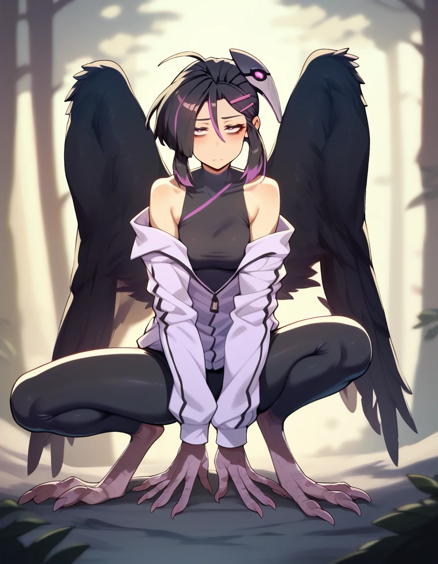 score_9,score_8_up,score_7_up,score_6_up,score_5_up,score_4_up, 1girl, hair ornament, multicolored hair, detailed eyes,
ava_orcmassage, low black wings, black sleeveless shirt, white purple  jacket, leggings,  bare shoulders, squat, full body, talons, clows,
in forest,   covered nipples, bags under eyes,
<lora:ava_orcmassage_Ver2.5:1.0>