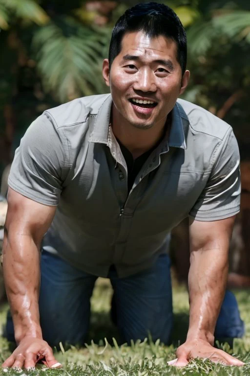 35 year Asian men, poking nipples,
Focus on face,  zoom in head, closeup head, closeup, zoomin, head focus, focus on head, face only, face focus, pov, closeup face, natural smile,
Photorealistic,realistic, masterpiece, intricate details, detailed background, depth of field, photo of a handsome, remarkable uvula, dynamic pose, sweaty, natural face expression, (((detailed HunterKang face))), fixed Hunter Kang face, big remarkable nipples, east Asian face, big chest, lactation,MaleShepard, looking at viewer, close up portrait, high detail, high quality, (((daddy))), (((on all fours)))