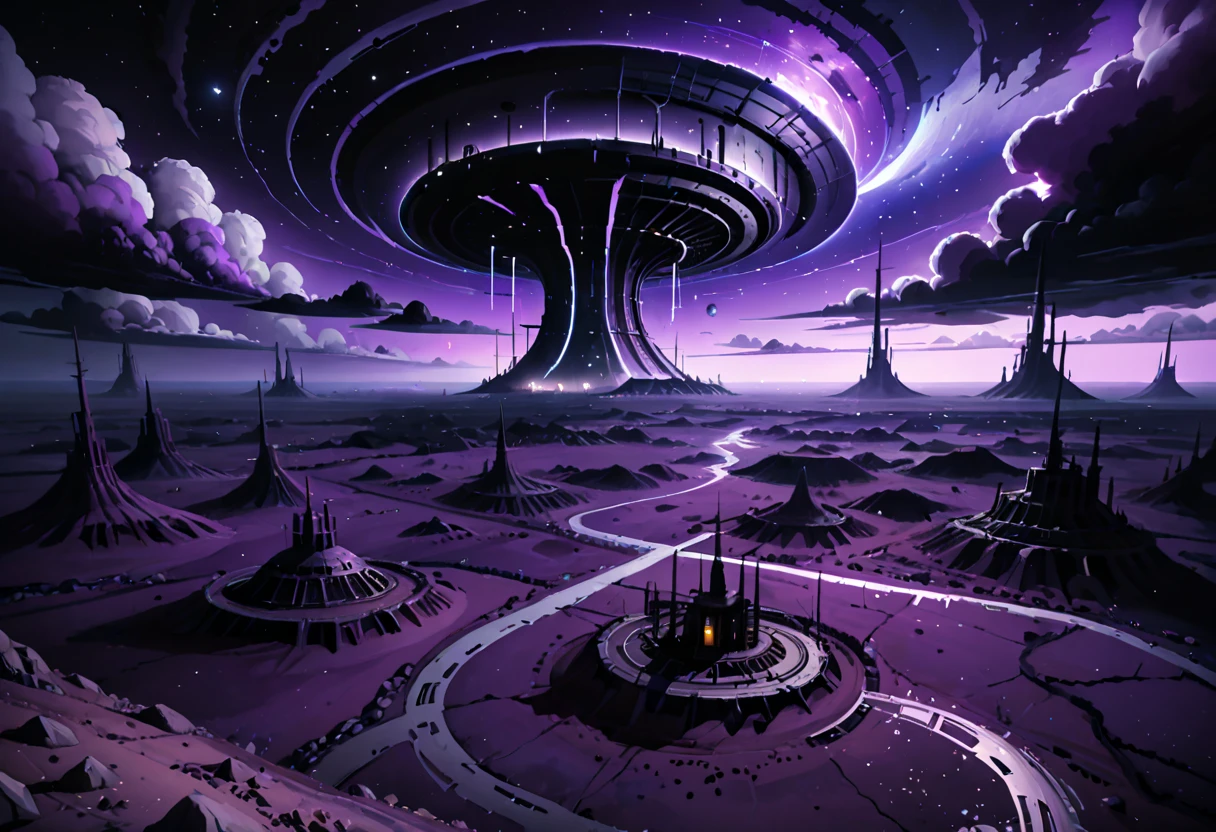 score_9, score_8_up, score_7_up, n1ghtm@r3, purple theme, black sky, moonless night, black flat plain rising high above a wasteland. lonely, devoid of life, floating islands
