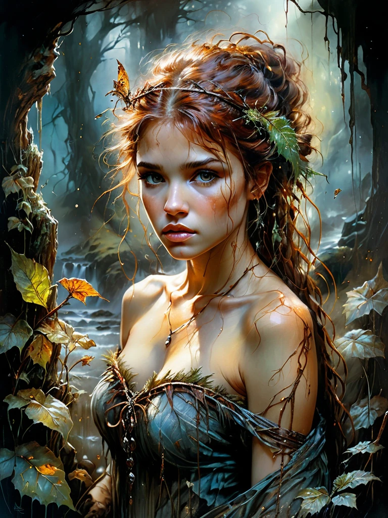 <lora:SS02ImpressionisticPainting_Hap_XL:1>,Thomas Kinkade style, Zoë Saldaña, captured in clear, dramatic light as if through the lens of an artist combining Luis Royo's dark fantasy elements with the organic fluidity of Carne Griffiths, oil painting, youthful elegance emphasized, adding a third dimension for depth perception, hyper-realistic textures, 3d, ultra fine details, dramatic lighting.